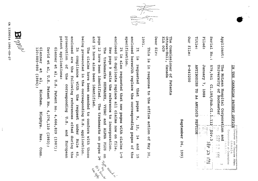 Canadian Patent Document 1339014. Prosecution Correspondence 19910927. Image 1 of 2