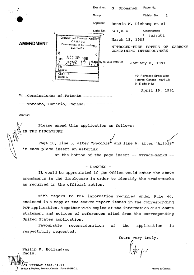 Canadian Patent Document 1339042. Prosecution Correspondence 19910419. Image 1 of 9