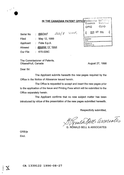 Document de brevet canadien 1339122. Correspondance de la poursuite 19960827. Image 1 de 1