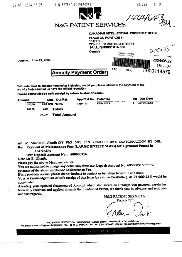 Document de brevet canadien 1339122. Taxes 20040629. Image 1 de 1