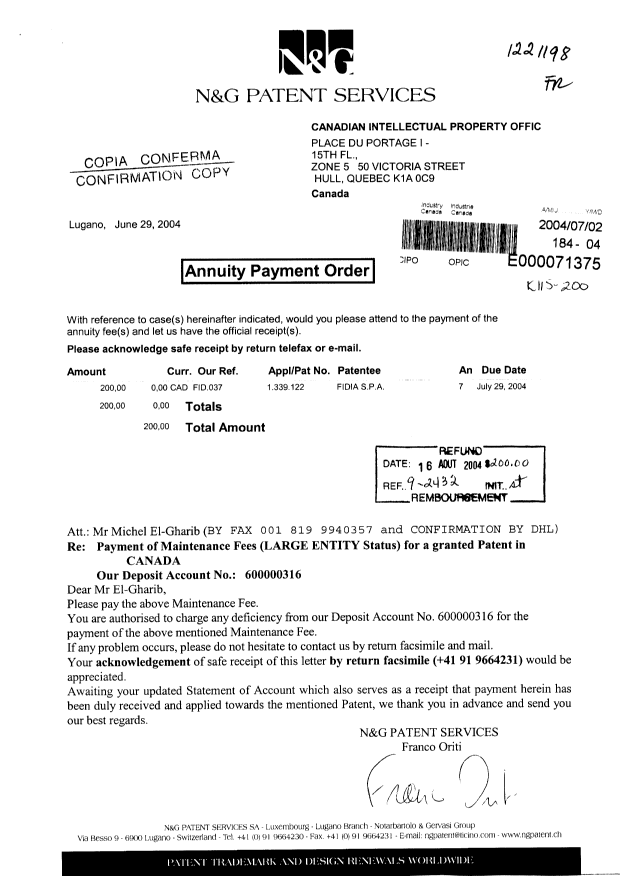Canadian Patent Document 1339122. Fees 20040702. Image 1 of 1