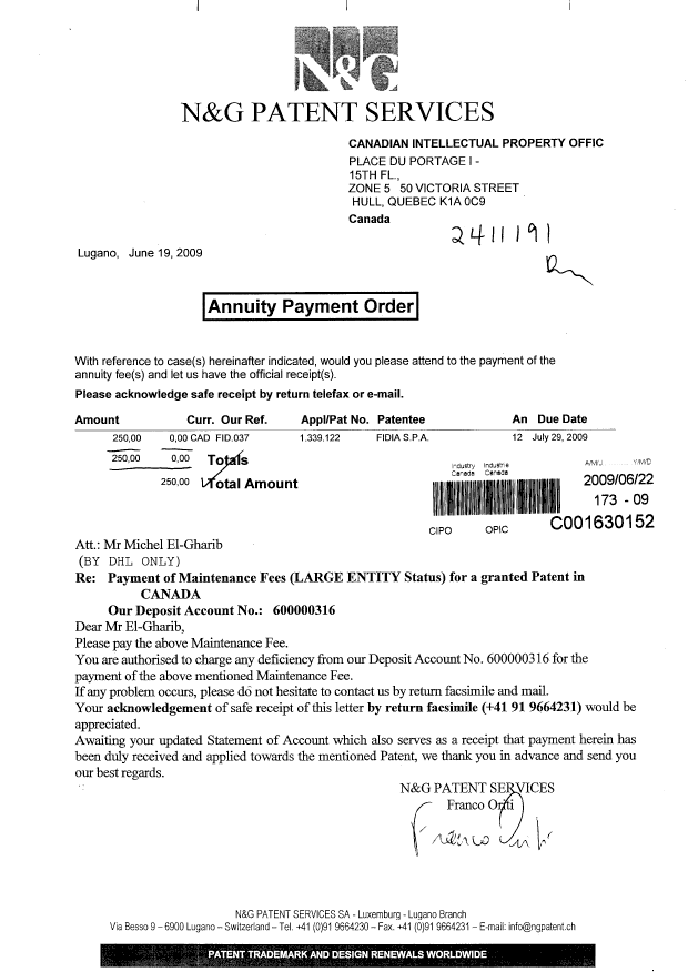 Canadian Patent Document 1339122. Fees 20090622. Image 1 of 1