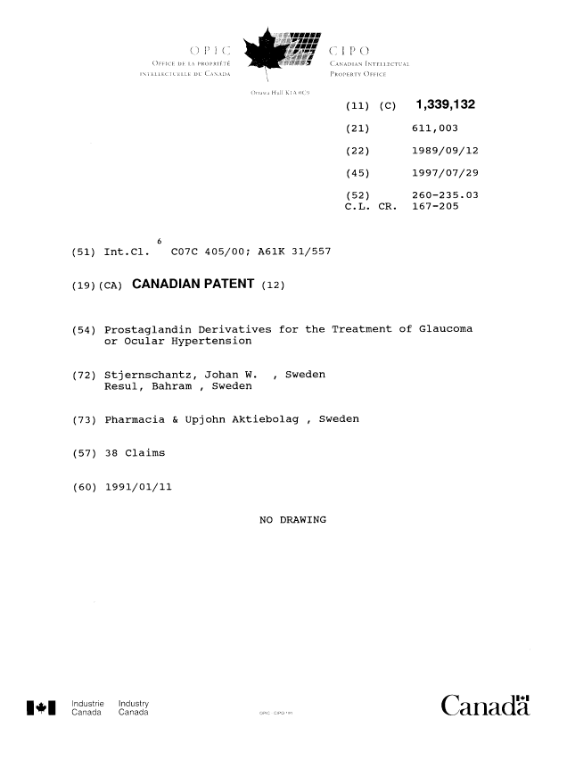 Canadian Patent Document 1339132. Cover Page 19961208. Image 1 of 1