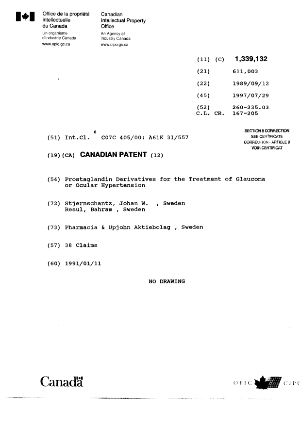 Document de brevet canadien 1339132. Page couverture 20020702. Image 1 de 2