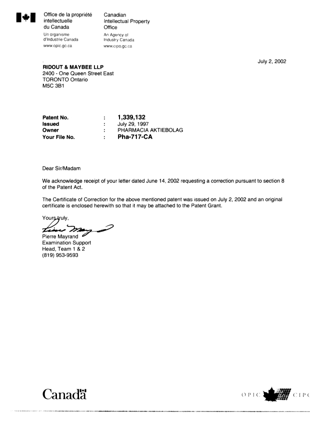 Document de brevet canadien 1339132. Poursuite-Amendment 20020702. Image 1 de 2