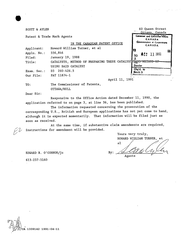 Document de brevet canadien 1339142. Correspondance de la poursuite 19910411. Image 1 de 1