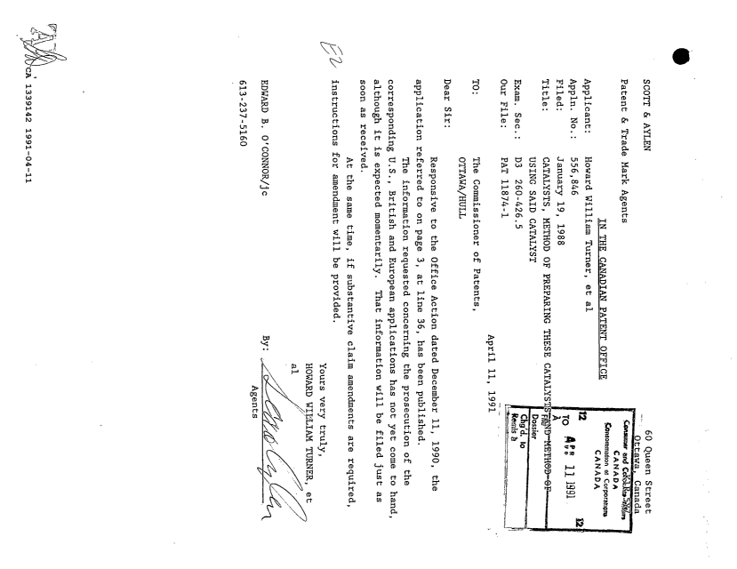 Canadian Patent Document 1339142. Prosecution Correspondence 19910411. Image 1 of 1