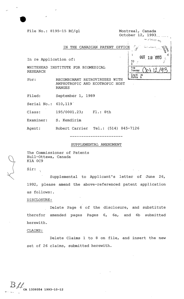 Canadian Patent Document 1339354. Prosecution Correspondence 19931012. Image 1 of 11