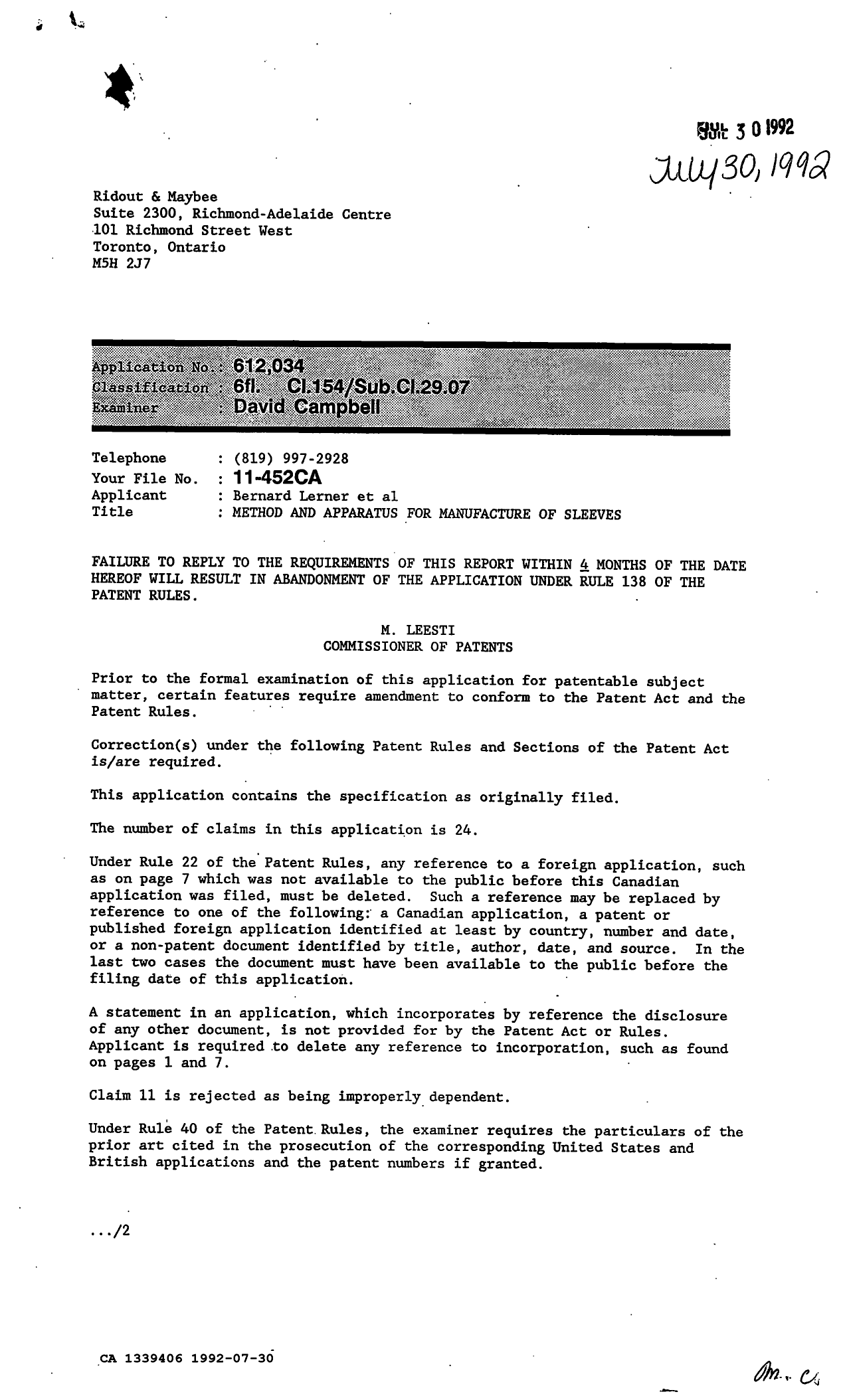 Canadian Patent Document 1339406. Examiner Requisition 19920730. Image 1 of 2