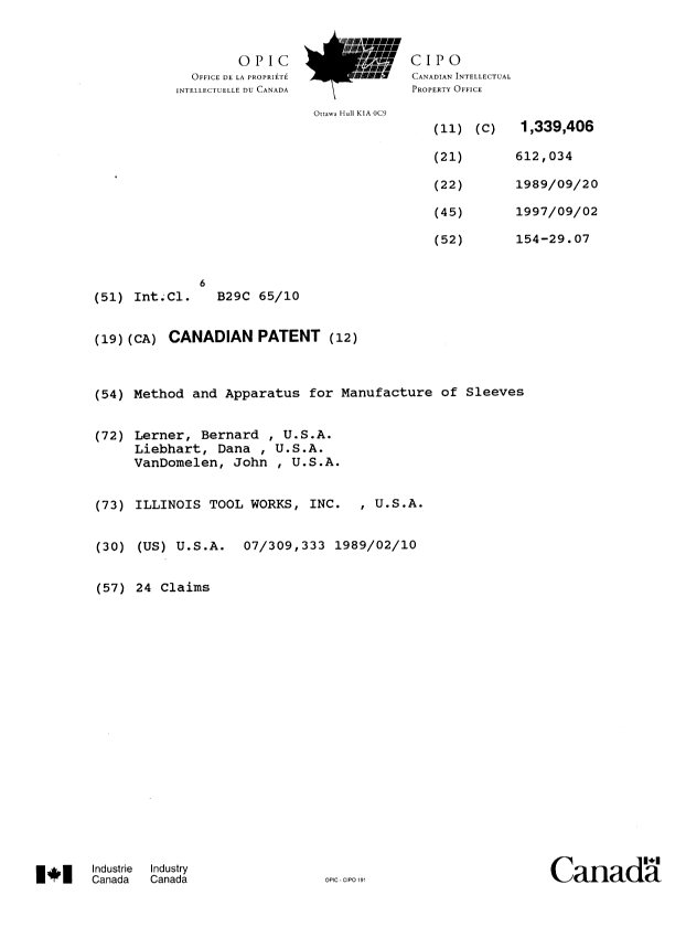 Canadian Patent Document 1339406. Cover Page 19971027. Image 1 of 1