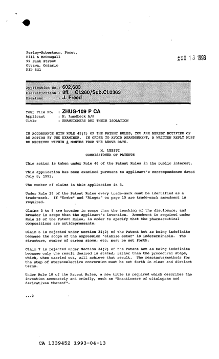 Canadian Patent Document 1339452. Examiner Requisition 19930413. Image 1 of 2