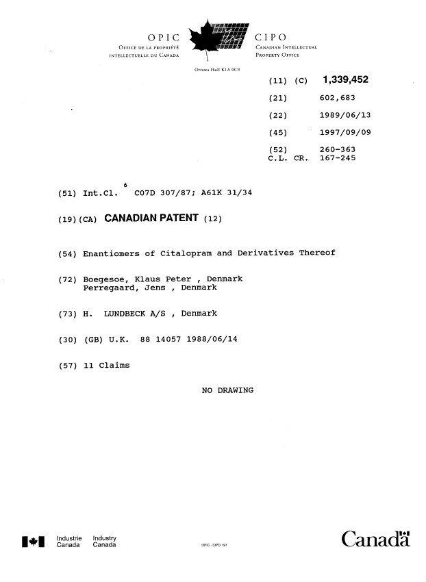 Canadian Patent Document 1339452. Cover Page 19961227. Image 1 of 1