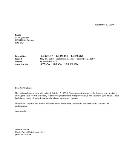 Canadian Patent Document 1339452. Correspondence 19981201. Image 1 of 1