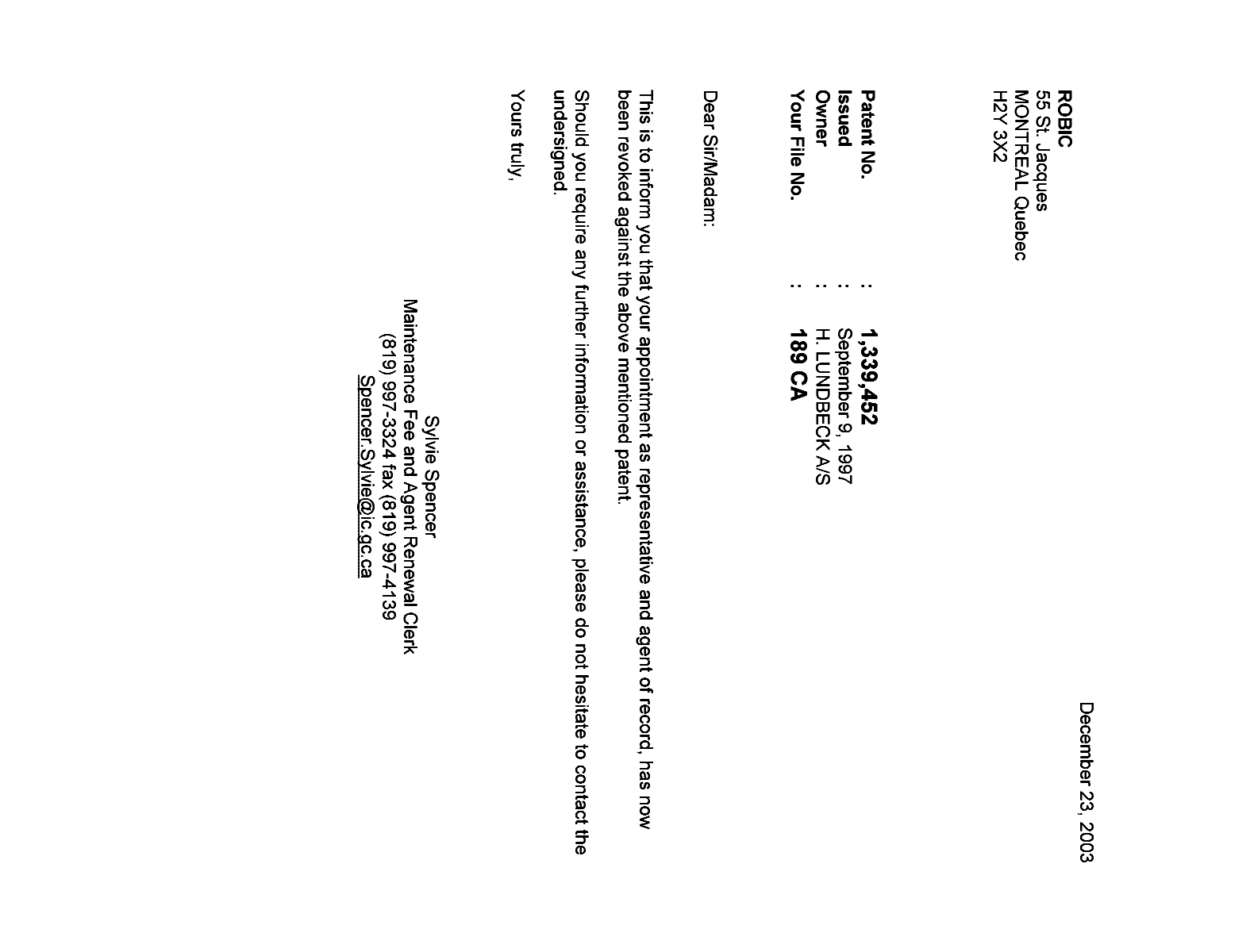 Document de brevet canadien 1339452. Correspondance 20021223. Image 1 de 1