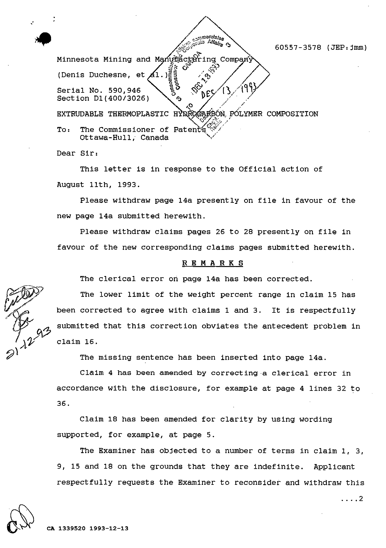 Canadian Patent Document 1339520. Prosecution Correspondence 19931213. Image 1 of 3