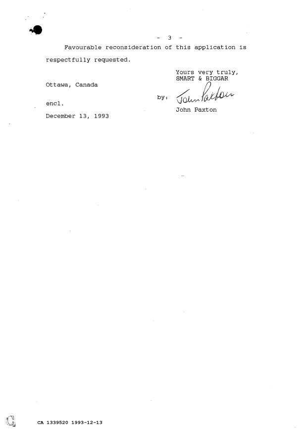 Canadian Patent Document 1339520. Prosecution Correspondence 19931213. Image 3 of 3