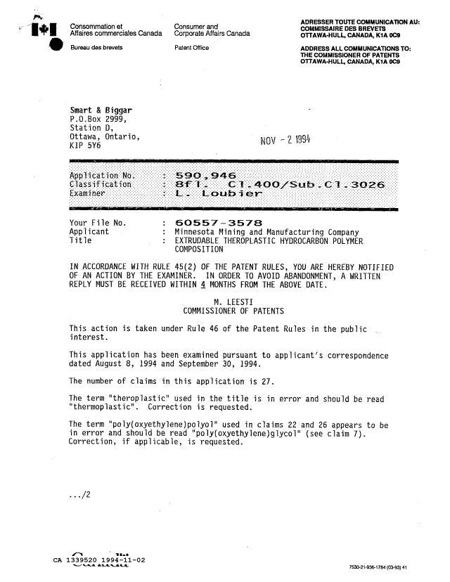 Canadian Patent Document 1339520. Examiner Requisition 19941102. Image 1 of 2