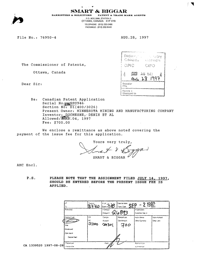Document de brevet canadien 1339520. Correspondance reliée au PCT 19970828. Image 1 de 1