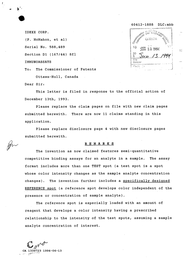 Document de brevet canadien 1339723. Correspondance de la poursuite 19940613. Image 1 de 3