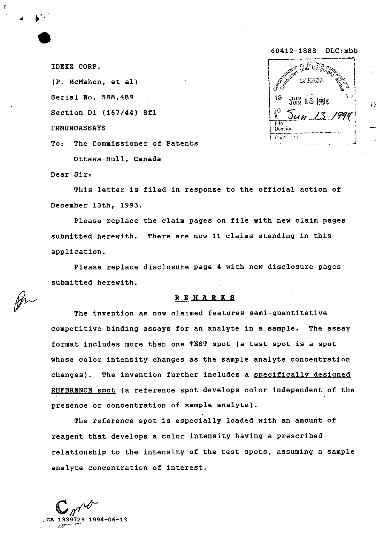 Canadian Patent Document 1339723. Prosecution Correspondence 19940613. Image 1 of 3