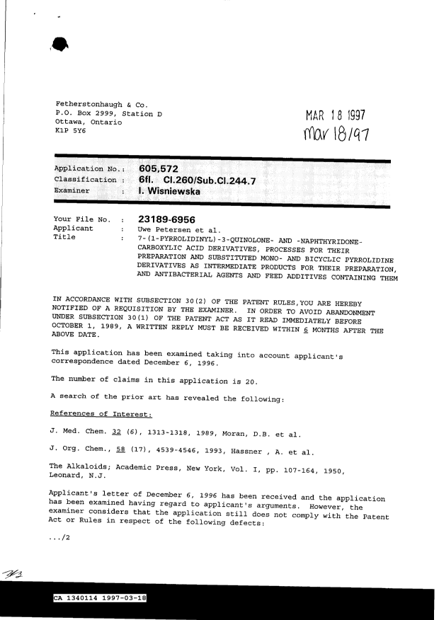 Canadian Patent Document 1340114. Prosecution-Amendment 19961218. Image 1 of 2