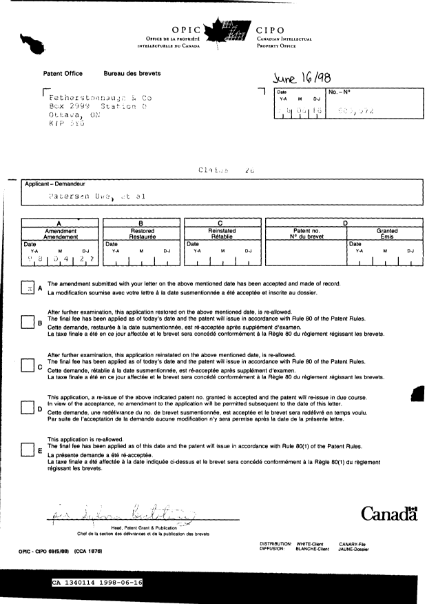 Canadian Patent Document 1340114. Correspondence 19971216. Image 1 of 1