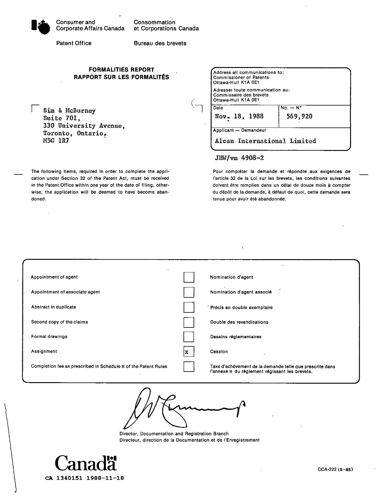Canadian Patent Document 1340151. Office Letter 19881118. Image 1 of 1
