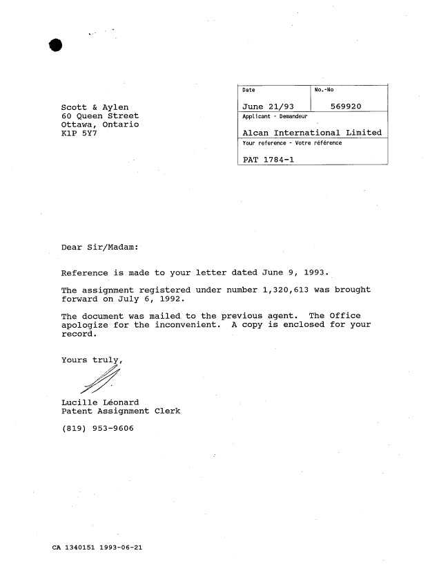 Document de brevet canadien 1340151. Lettre du bureau 19930621. Image 1 de 1