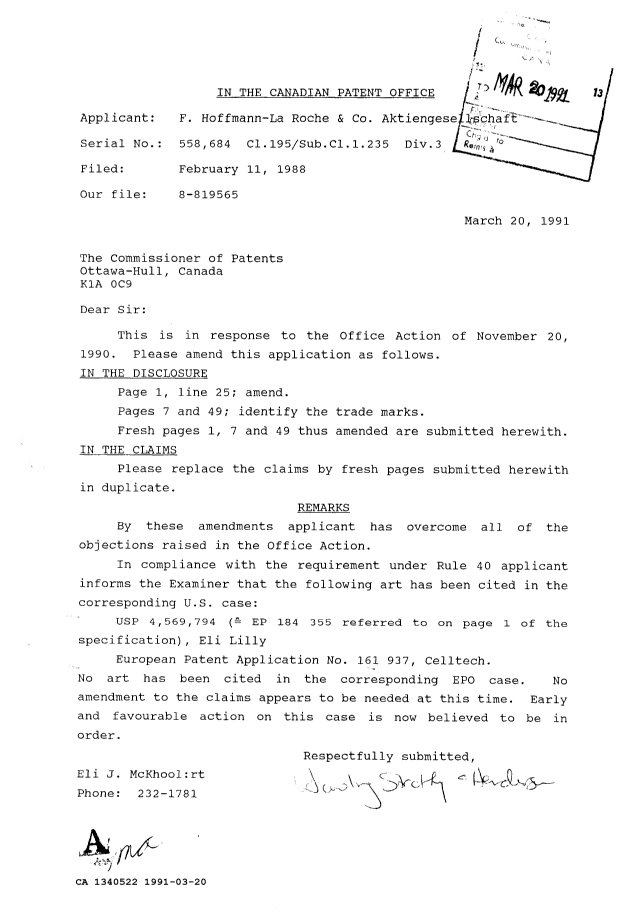 Canadian Patent Document 1340522. Prosecution Correspondence 19910320. Image 1 of 4