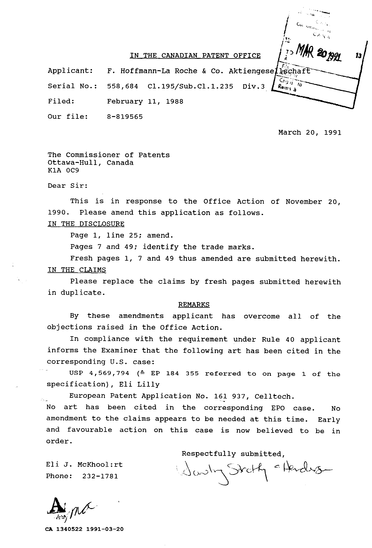 Canadian Patent Document 1340522. Prosecution Correspondence 19910320. Image 1 of 4