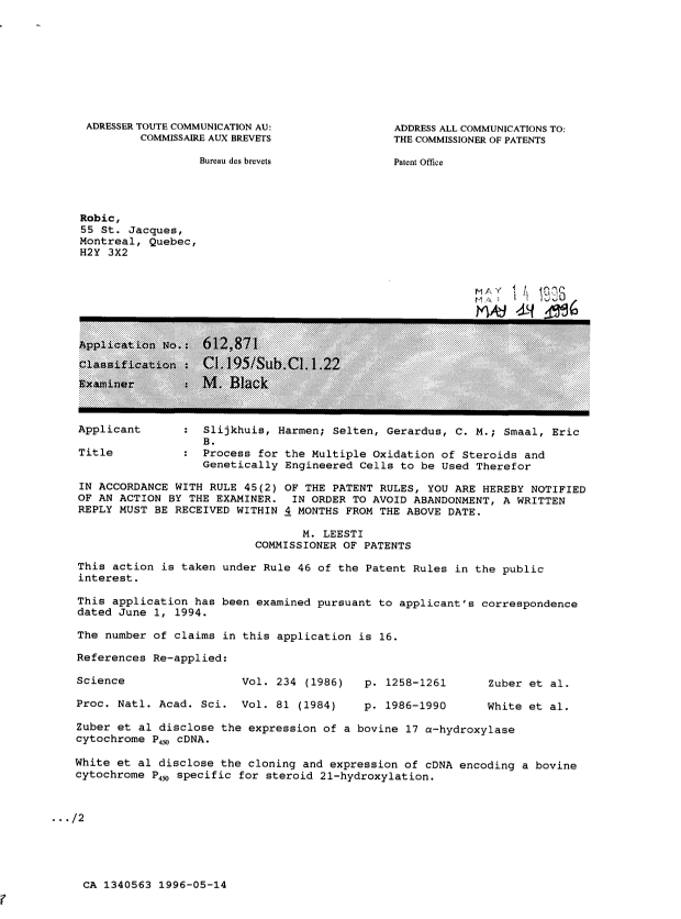 Canadian Patent Document 1340563. Examiner Requisition 19960514. Image 1 of 3