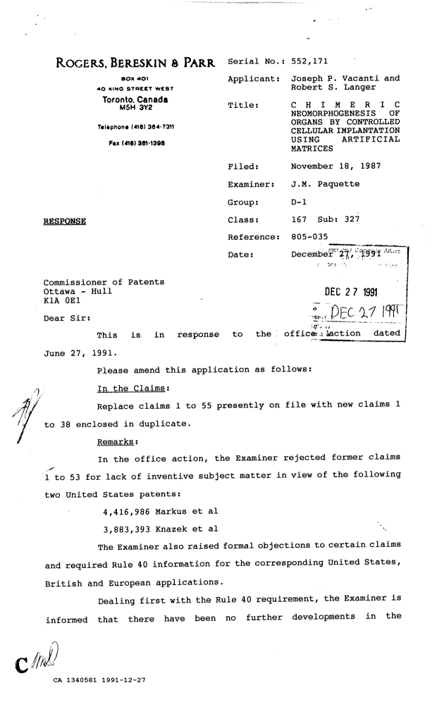Document de brevet canadien 1340581. Correspondance de la poursuite 19911227. Image 1 de 32