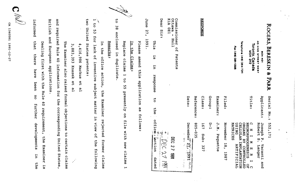 Canadian Patent Document 1340581. Prosecution Correspondence 19911227. Image 1 of 32