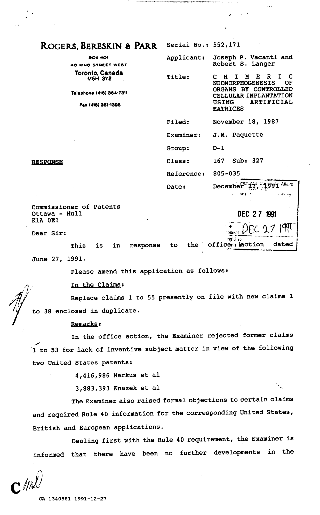 Canadian Patent Document 1340581. Prosecution Correspondence 19911227. Image 1 of 32