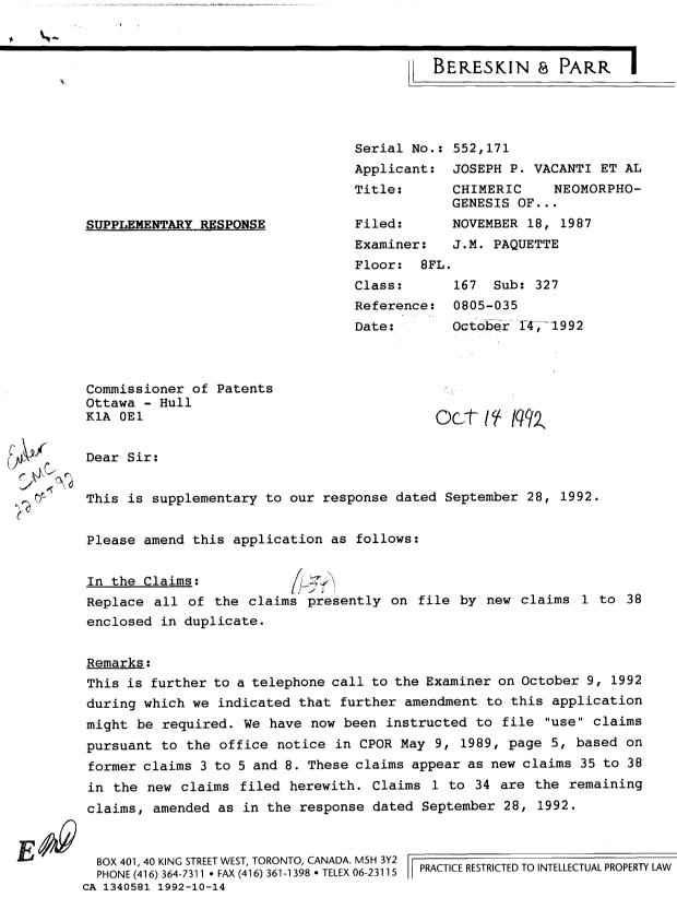 Canadian Patent Document 1340581. Prosecution Correspondence 19921014. Image 1 of 2