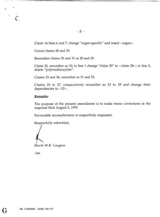 Canadian Patent Document 1340581. Prosecution Correspondence 19950907. Image 2 of 2