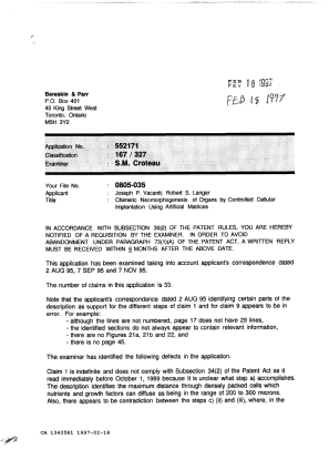 Canadian Patent Document 1340581. Examiner Requisition 19970218. Image 1 of 2