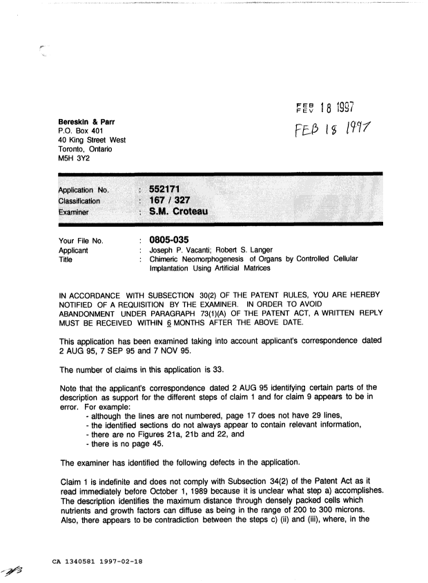 Document de brevet canadien 1340581. Demande d'examen 19970218. Image 1 de 2