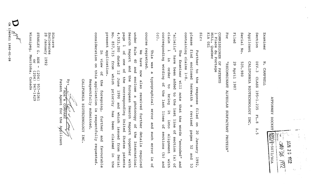 Canadian Patent Document 1340611. Prosecution Correspondence 19920128. Image 1 of 4