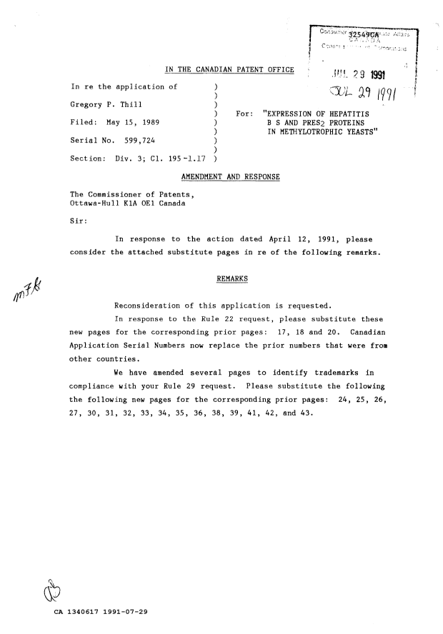 Canadian Patent Document 1340617. Prosecution Correspondence 19910729. Image 1 of 5