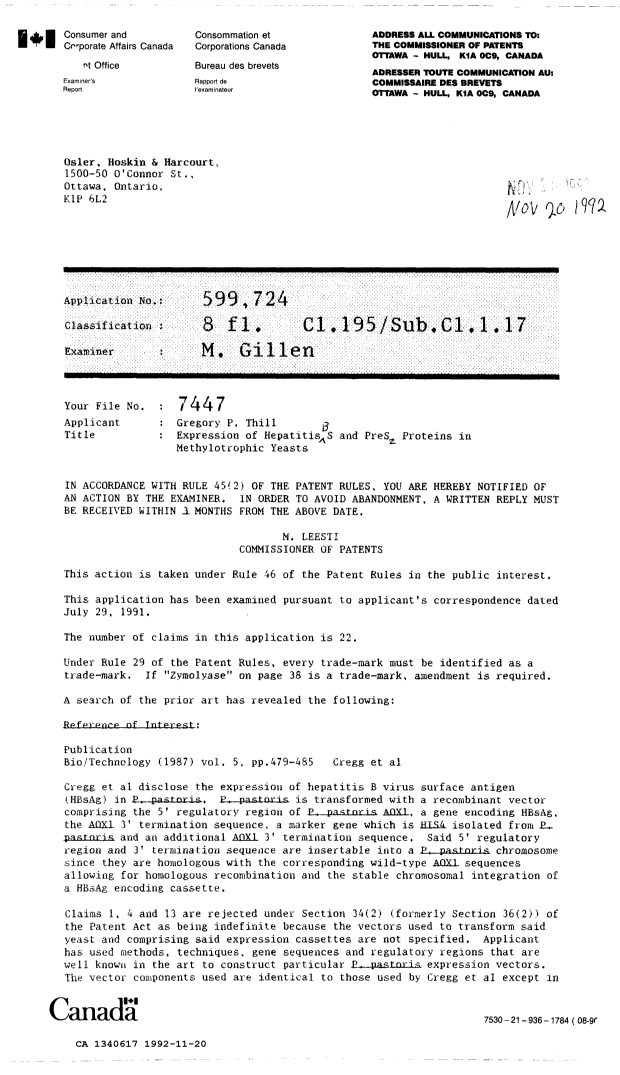 Canadian Patent Document 1340617. Examiner Requisition 19921120. Image 1 of 2