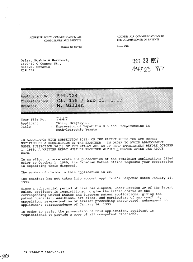 Canadian Patent Document 1340617. Examiner Requisition 19970523. Image 1 of 2