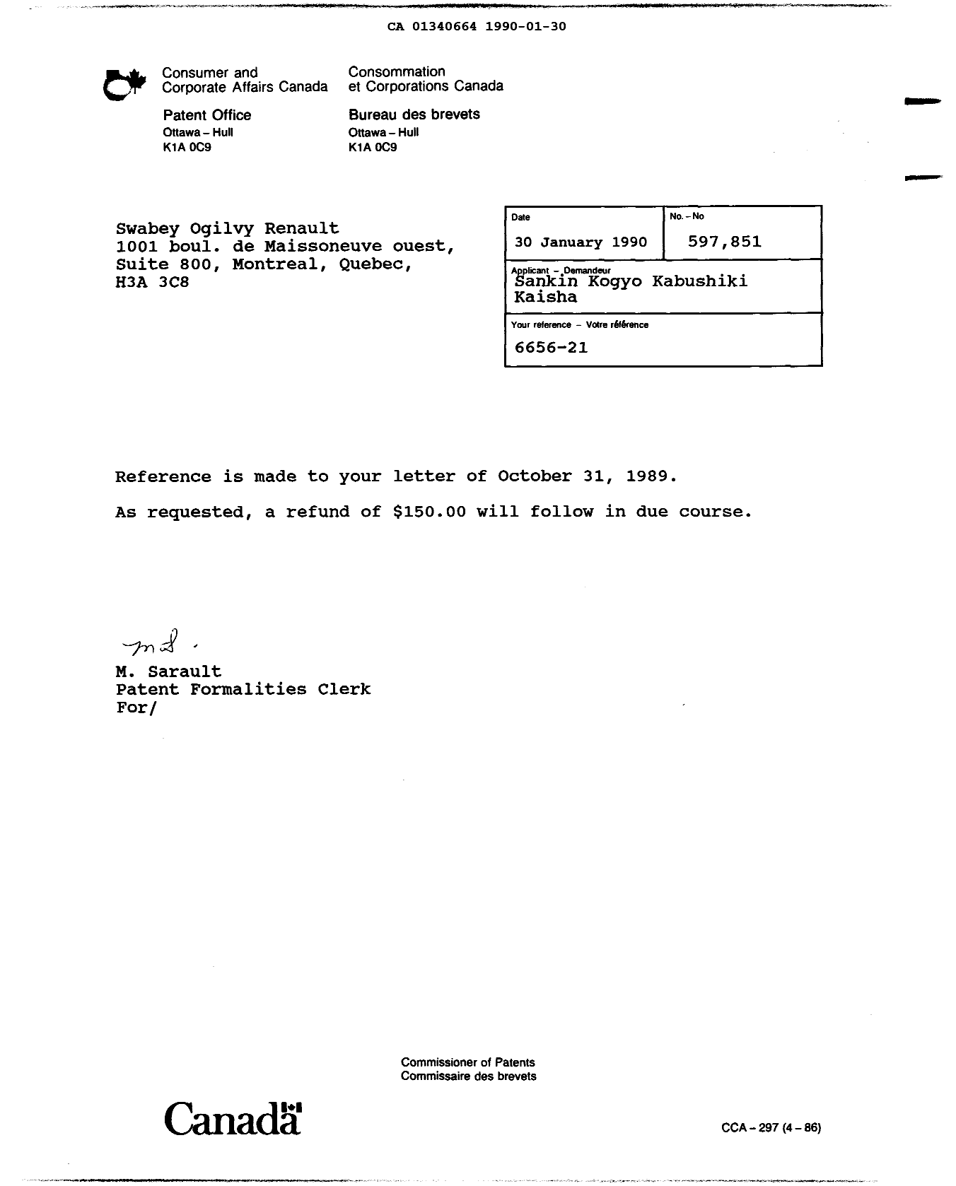 Canadian Patent Document 1340664. Correspondence 19900130. Image 1 of 1