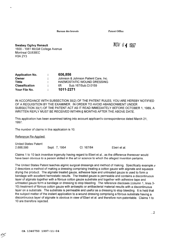 Document de brevet canadien 1340750. Demande d'examen 19971104. Image 1 de 2