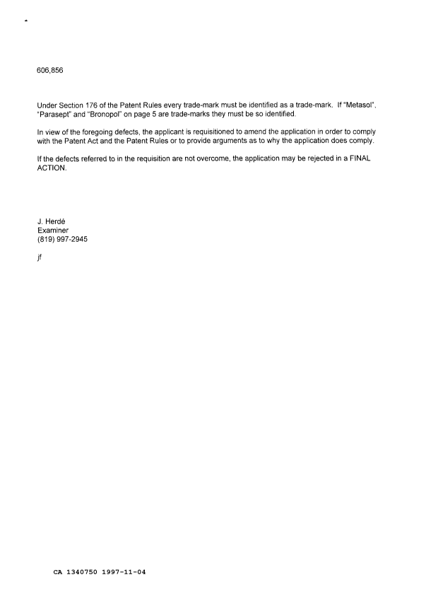 Canadian Patent Document 1340750. Examiner Requisition 19971104. Image 2 of 2