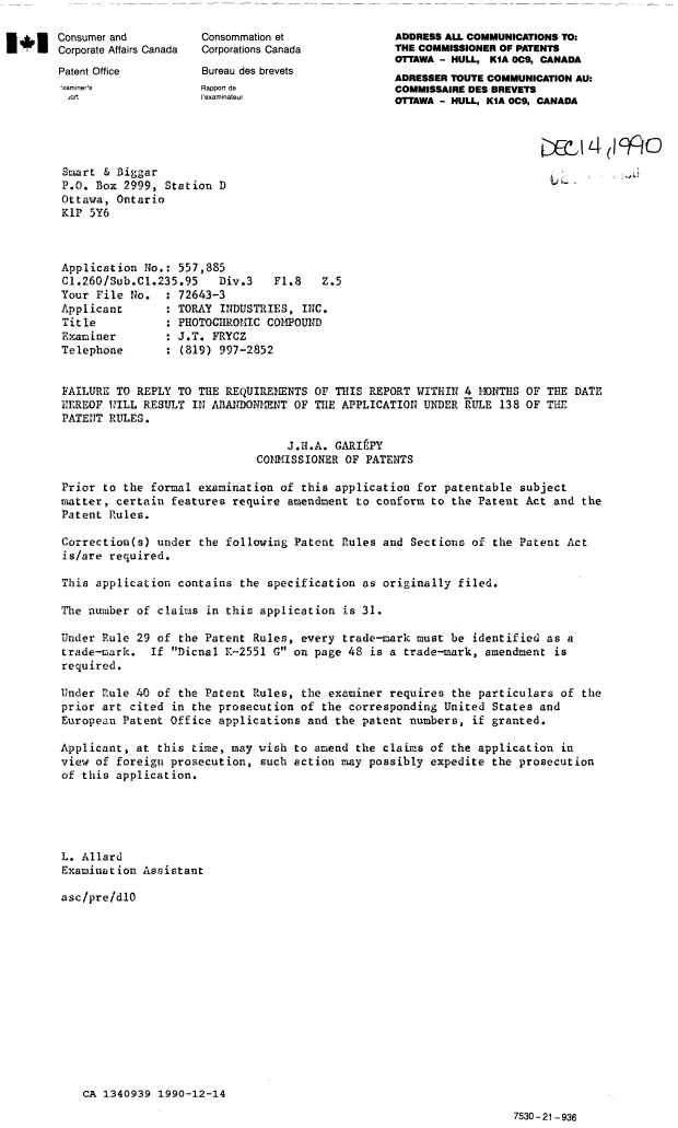 Canadian Patent Document 1340939. Examiner Requisition 19901214. Image 1 of 1