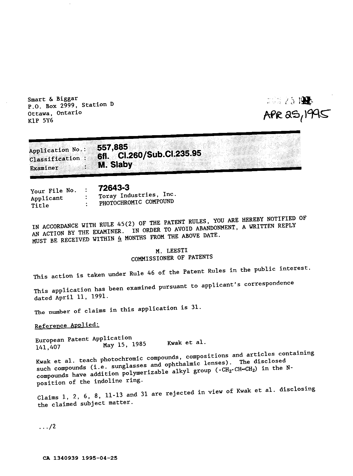 Document de brevet canadien 1340939. Demande d'examen 19950425. Image 1 de 2