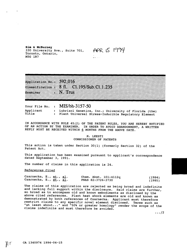 Document de brevet canadien 1340974. Demande d'examen 19940415. Image 1 de 2