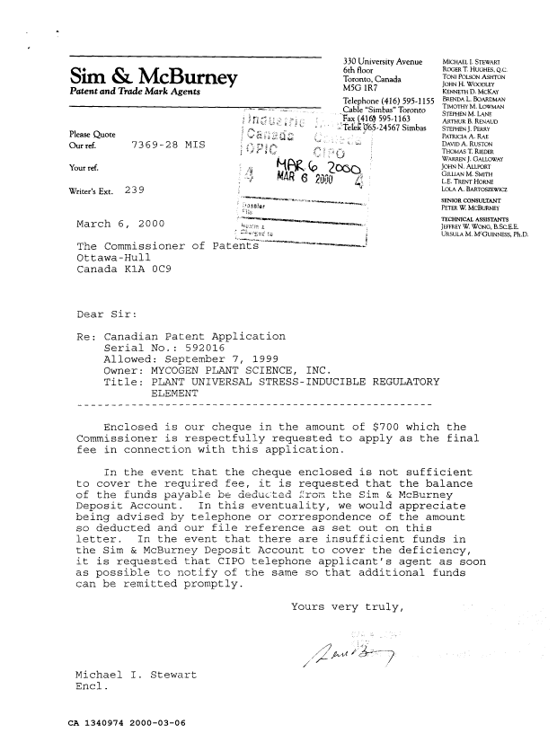 Document de brevet canadien 1340974. Correspondance reliée au PCT 20000306. Image 1 de 1