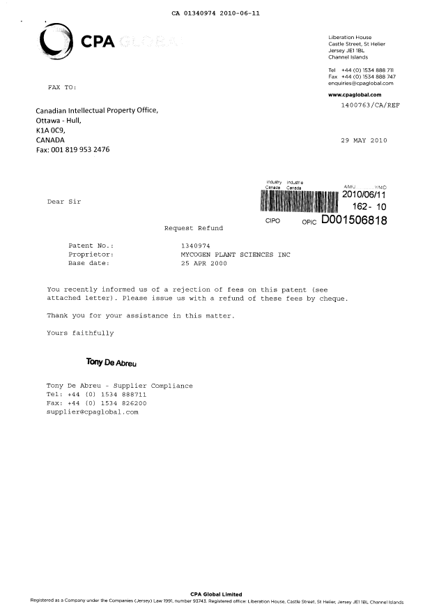 Document de brevet canadien 1340974. Taxes 20100611. Image 1 de 2